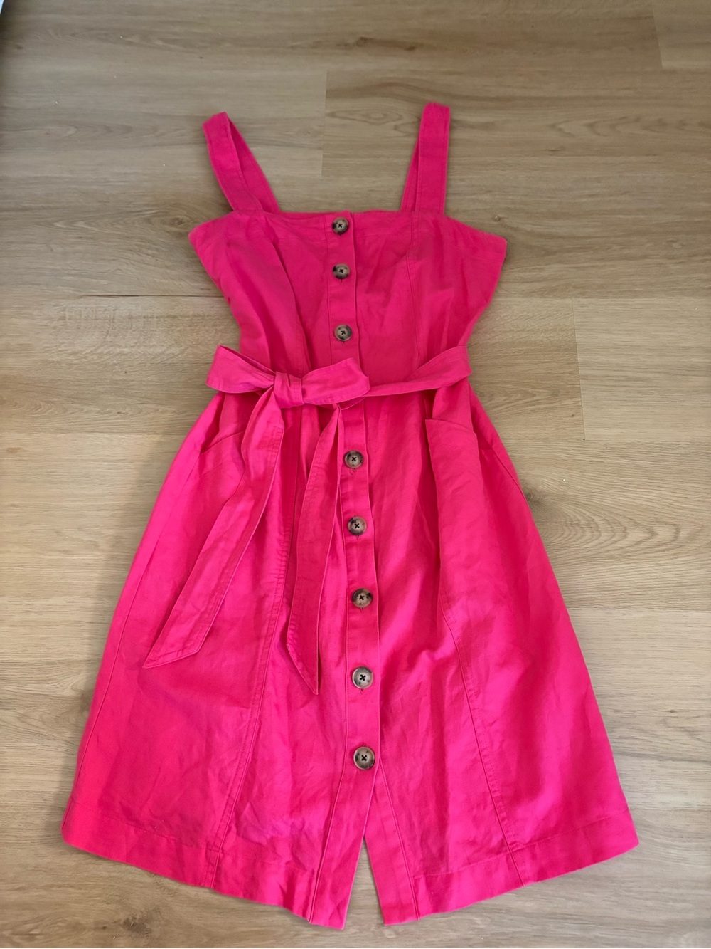 LOFT Bright Pink Button-Front Sundress with Tie Waist